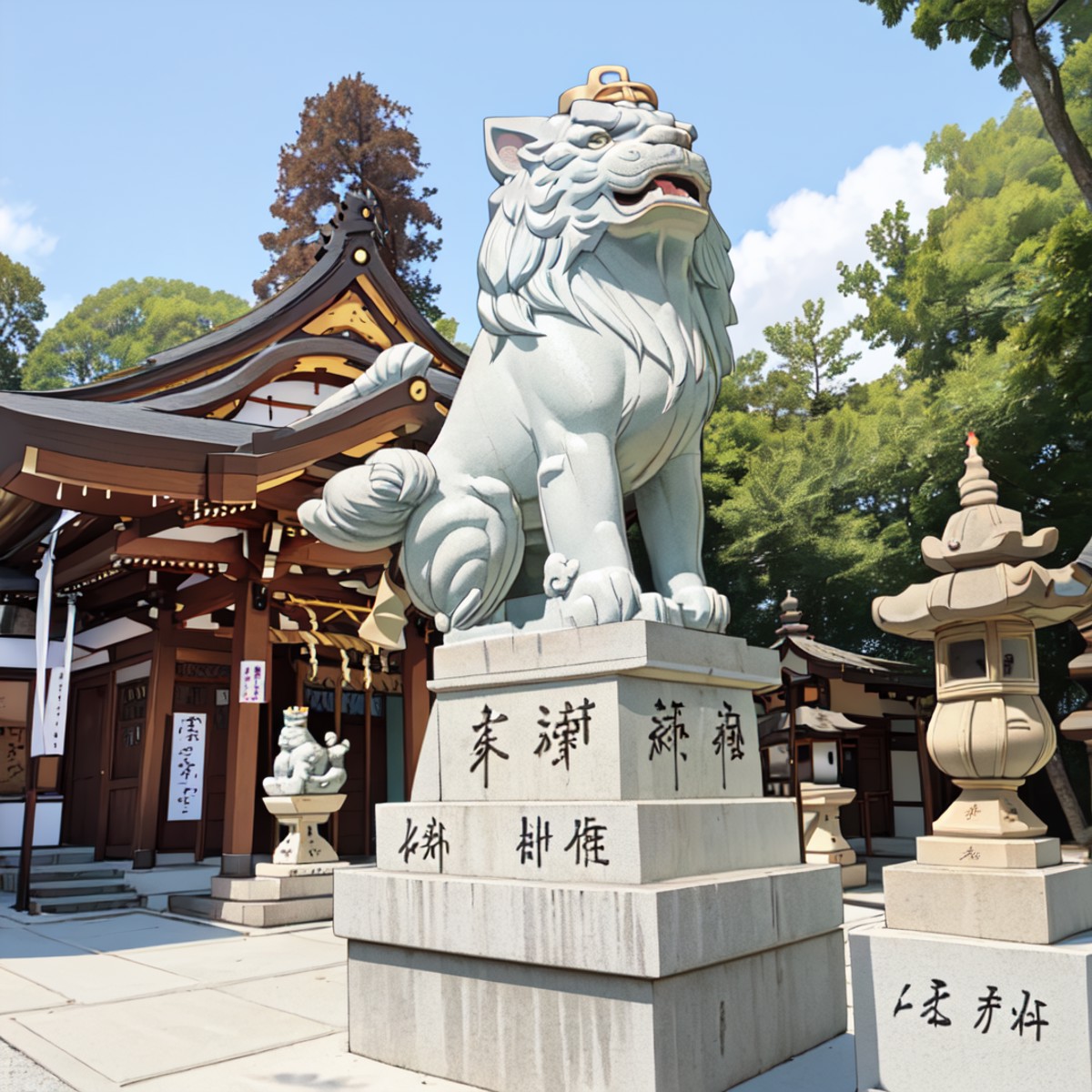 best quality, ultra-detailed, illustration,
komainu, jinzya, statue, shrine, outdoors, tree, stairs, scenery, real world l...
